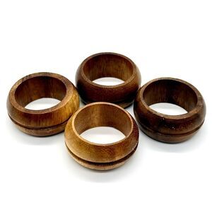 Set of 4 Napkin Rings Dark Teak Wood Barrel Shaped 2" Diameter Mid-Century Boho